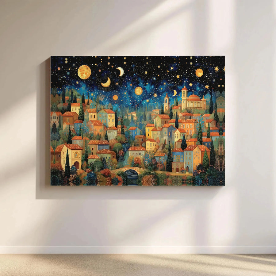 Whimsical Starry Night Village Horizontal Canvas | Magical Celestial Folk Art Town Print | Premium Gallery-Style 1.25" Frameless Decor | Dreamy Cozy Home Wall Art Gift