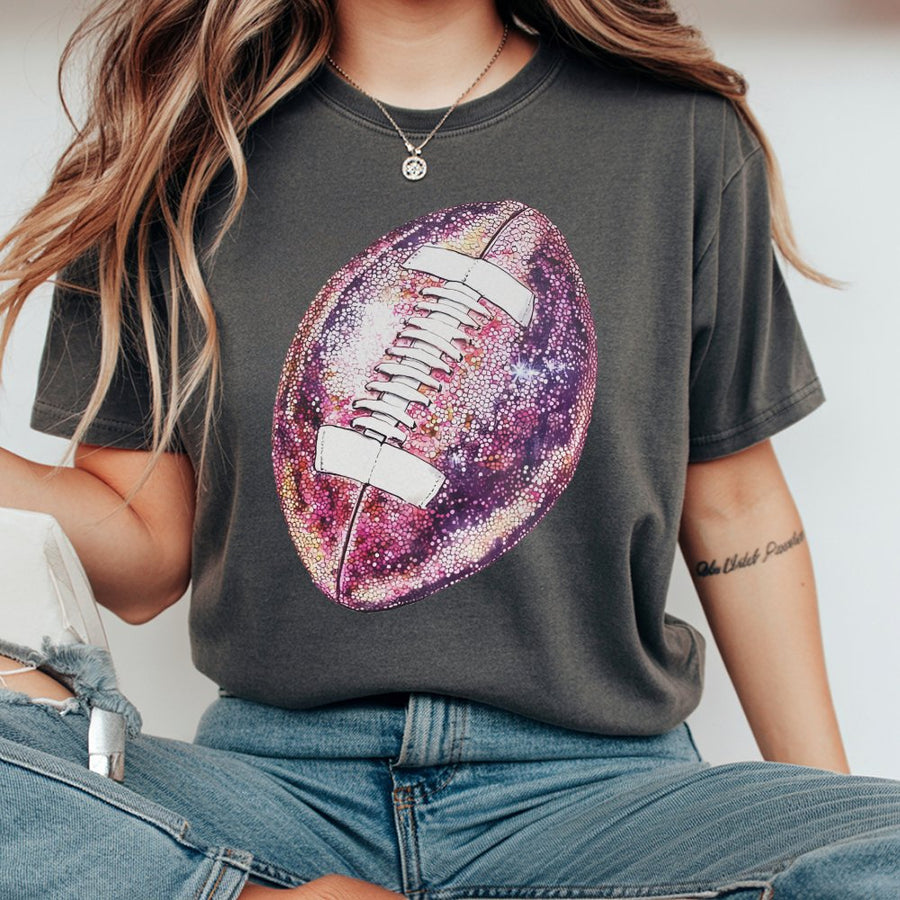 Pink Glitter Football T-Shirt | Sparkling Mosaic Sports Graphic | Premium 100% Cotton | Game Day Apparel for Football Moms and Fans