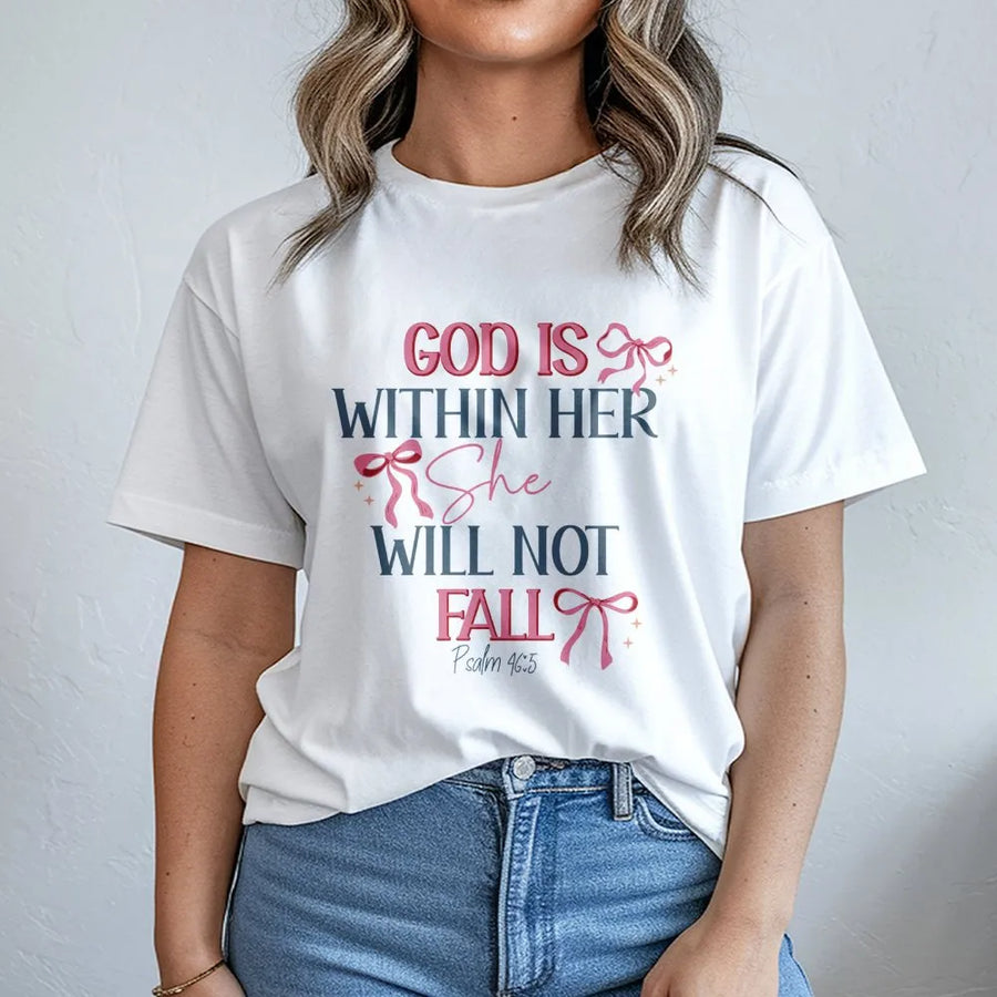 God Is Within Her T-Shirt | Psalm 46:5 Coquette Aesthetic Design | Premium Cotton Religious Apparel | Christian Faith Gift for Women