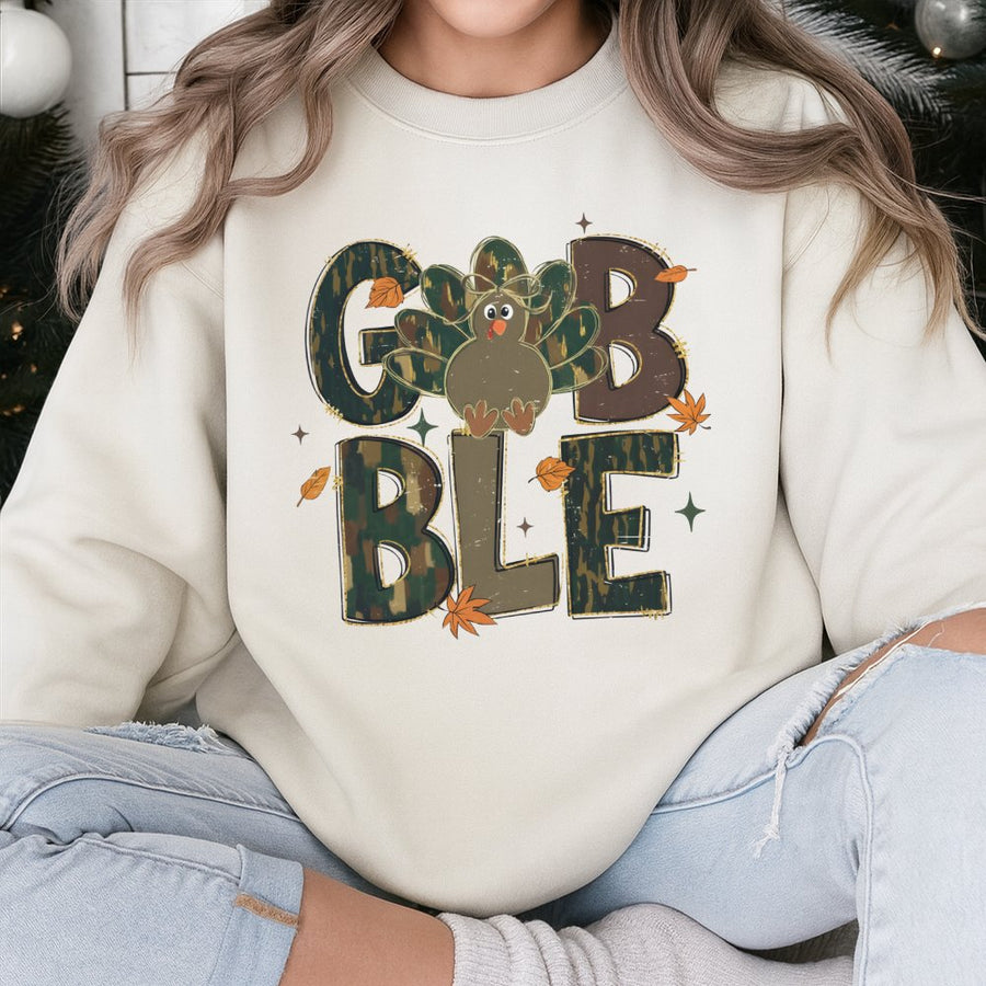 Gobble Thanksgiving Sweatshirt | Camo Turkey Graphic Design | Premium Cotton Blend | Cozy Fall Gift for Women and Men