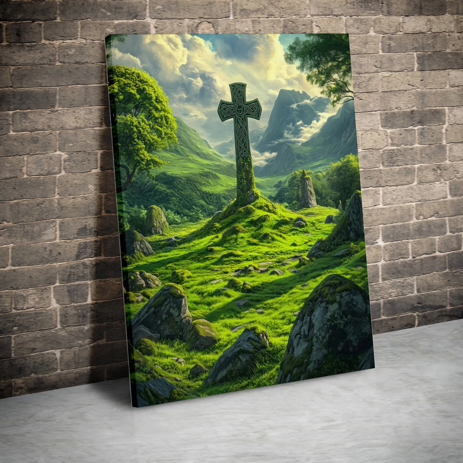 Celtic Cross Canvas Wall Art | Irish Landscape with Ancient Stone Cross | Premium Gallery Wrapped Print | Christian Heritage Decor Gift