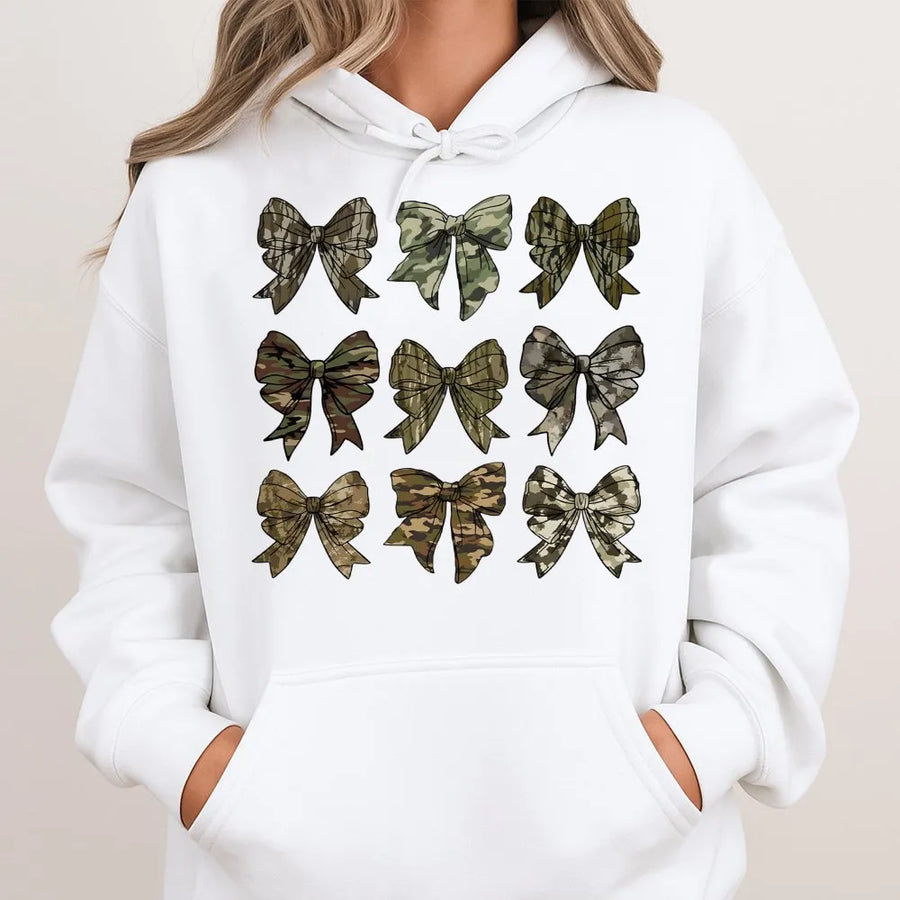 Camo Bow Hoodie | Coquette Aesthetic Bow Print | Premium Cotton Blend | Gift For Preppy Girls & Outdoor Enthusiasts