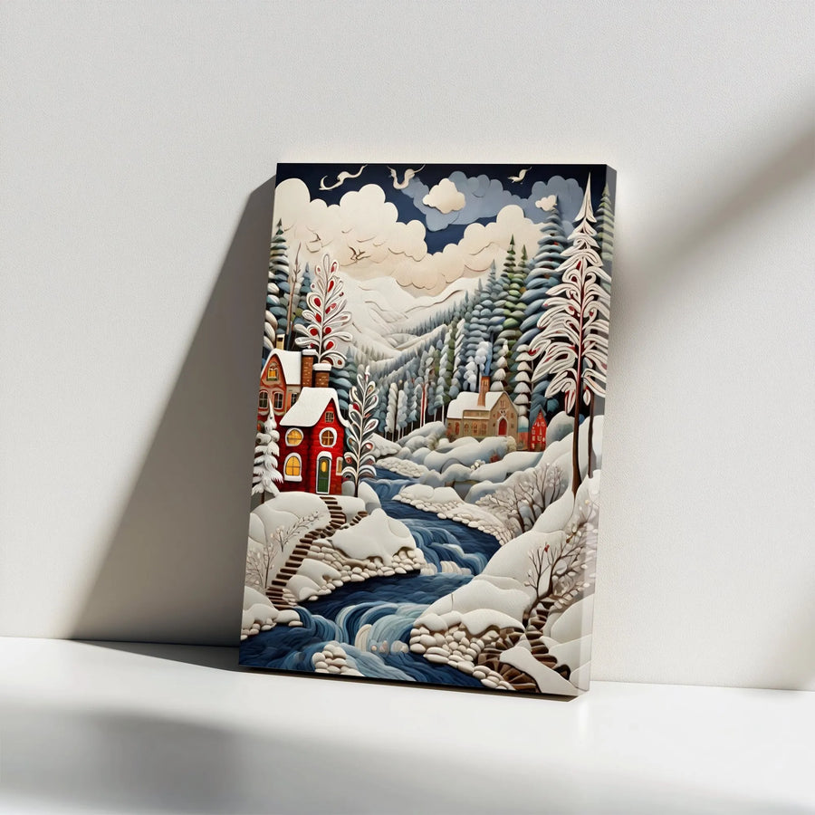 Winter Cabin Canvas Print | Quilling Paper Art Style Landscape | Premium Stretched Gallery Wrap | Holiday Home Decor Gift for Nature Lovers