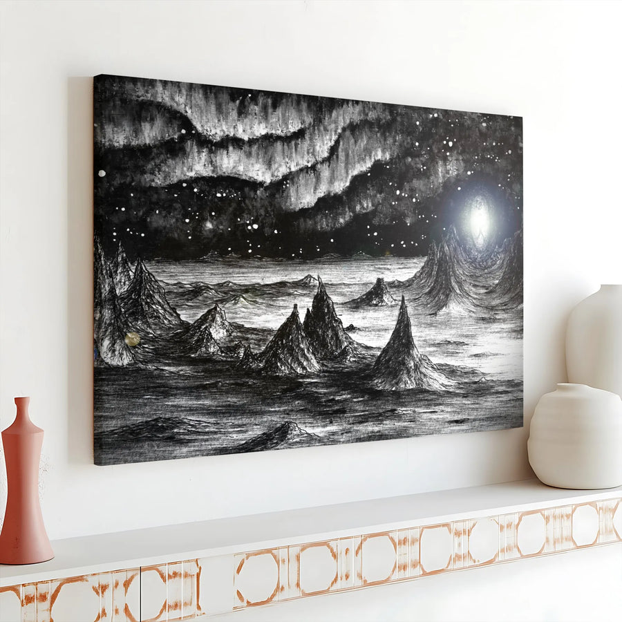 Surreal Landscape Canvas Print | Black and White Cosmic Scenery | Premium Gallery Wrap Canvas | Gift for Sci-Fi & Fantasy Fans