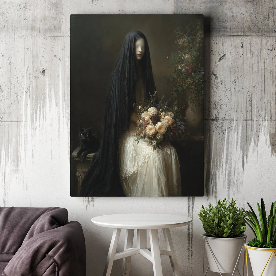 Gothic Veiled Woman Canvas Wall Art | Dark Victorian Portrait with Black Cat | Premium Fade-Resistant Gallery Print | Spooky Home Decor Gift