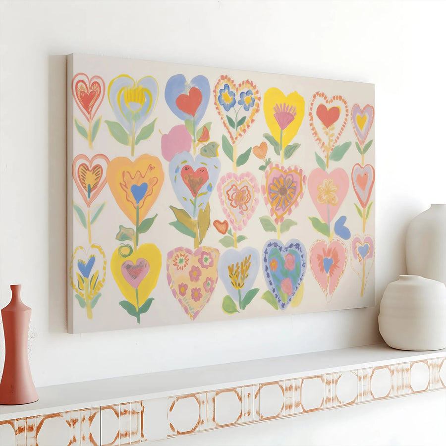 Colorful Heart Flower Wall Art | Folk Art Botanical Print | Gallery Wrapped Premium Canvas | Whimsical Nursery & Living Room Decor