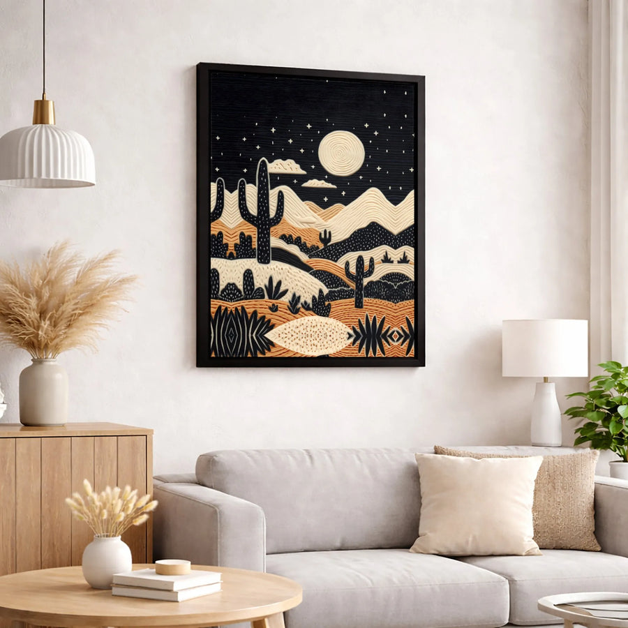 Boho Desert Canvas Wall Art | Night Cactus Landscape with Moon | Premium Textured Gallery Print | Modern Southwest Home Decor Gift