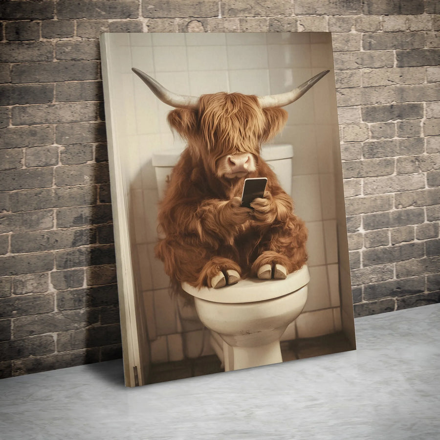 Highland Cow Canvas Wall Art | Funny Cow on Toilet with Phone | Premium Gallery Wrap Canvas | Modern Farmhouse Bathroom Decor Gift