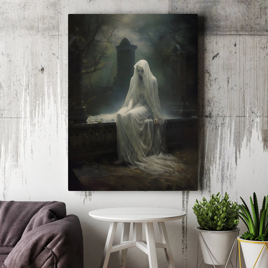Gothic Ghost Woman Canvas Wall Art | Melancholy Cemetery Spirit Portrait | Premium Gallery Wrap Decor | Dark Academia Home Gift