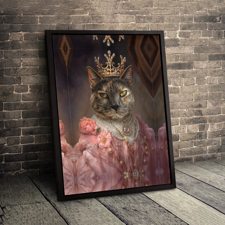 Regal Cat Queen Wall Art | Tortoiseshell Cat in Pink Gown Crown Portrait | Premium Gallery-Wrapped Canvas | Whimsical Pet Lover Gift Decor