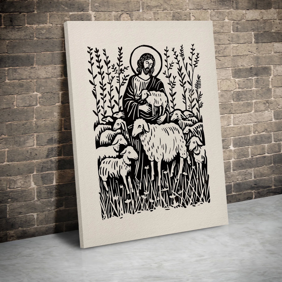 Jesus The Good Shepherd Canvas | Linocut Style Christian Wall Art | Premium Gallery Wrapped Print | Religious Home Decor Gift for Believers