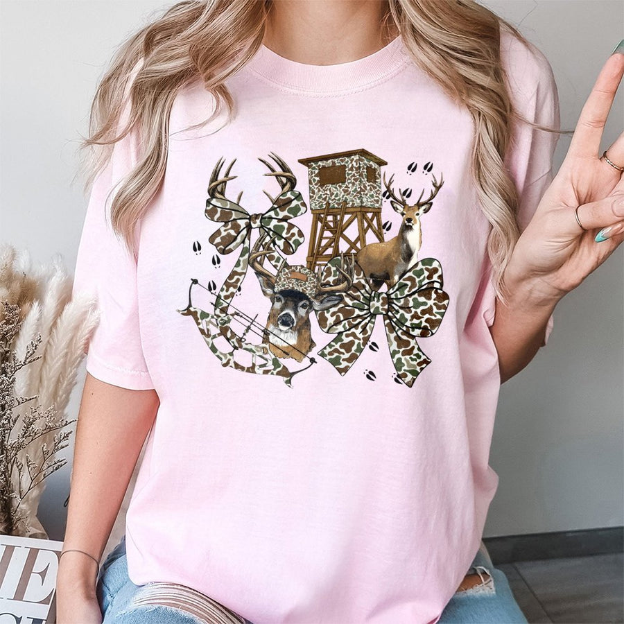 Hunting Season T-Shirt | Bow Hunter Deer Camo Bow Coquette | 100% Cotton Premium Tee | Unique Gift for Hunters & Outdoorsmen