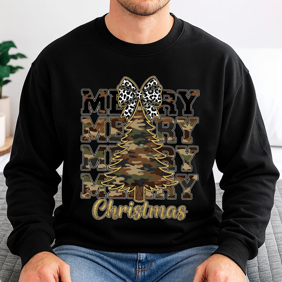 Merry Christmas Camo Tree Sweatshirt | Rustic Leopard Bow Graphic Print | Premium Cotton Blend | Holiday Gift For Her & Him