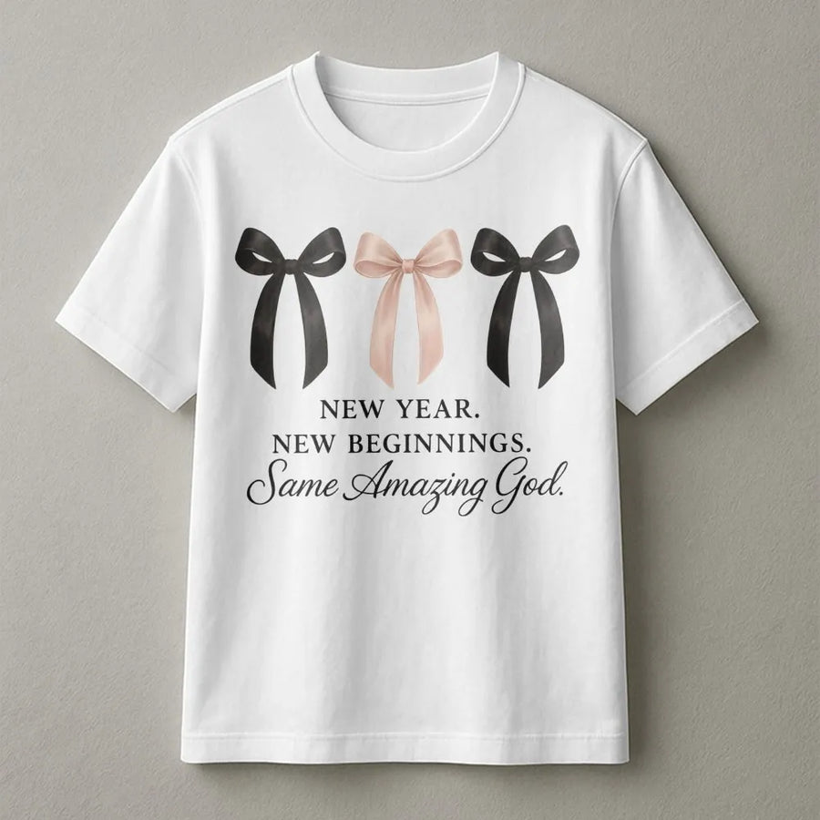 New Year New Beginnings Same Amazing God T-Shirt | Christian Ribbon Graphic Print | Premium Soft Cotton Tee | Faith-Based Gift for Women & Men