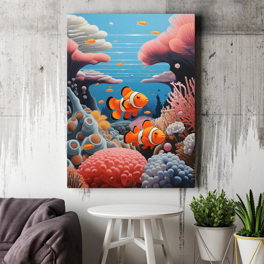 Clownfish Coral Reef Canvas Art | Vibrant Tropical Ocean Wildlife Print | 1.25 Inch Gallery Wrap | Nursery And Kids Room Wall Decor