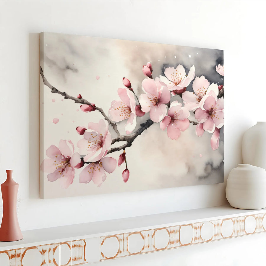 Cherry Blossom Canvas Wall Art | Japanese Watercolor Pink Floral Painting | Premium Gallery Wrap | Living Room & Bedroom Decor Gift