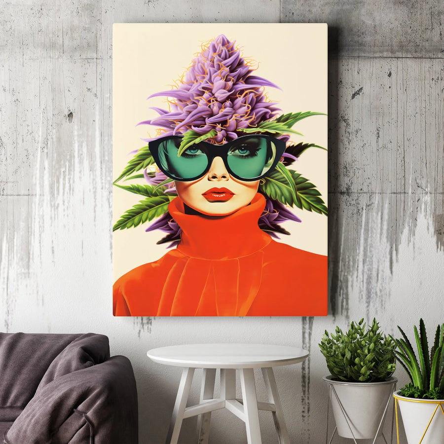 Cannabis Woman Vertical Canvas | Retro Pop Art Illustration | Premium Thick Gallery Wrap | Unique Stoner Gift & Dispensary Wall Decor