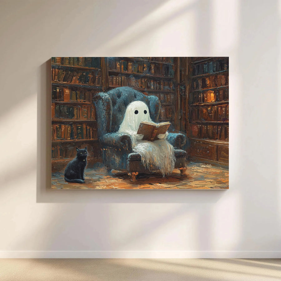 Ghost Reading Book Canvas Wall Art | Library Aesthetic with Black Cat | Premium Gallery Wrap Print | Spooky Academia Decor for Book Lovers