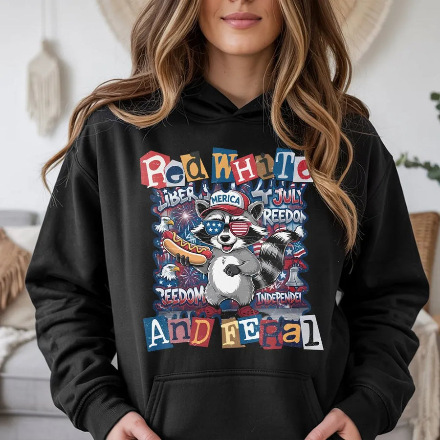 Red White and Feral Hoodie | Funny Patriotic Raccoon Graphic | Soft Cotton-Blend Pullover | 4th of July Independence Day Gift