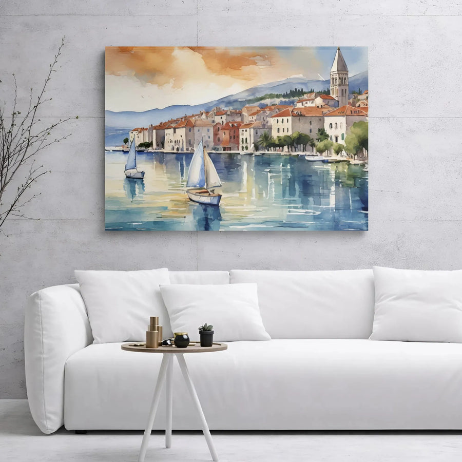 Mediterranean Coastal Town Canvas Print | Watercolor Sailboat Harbor Art | 1.25 Inch Gallery Wrap | Premium Nautical Wall Decor for Home