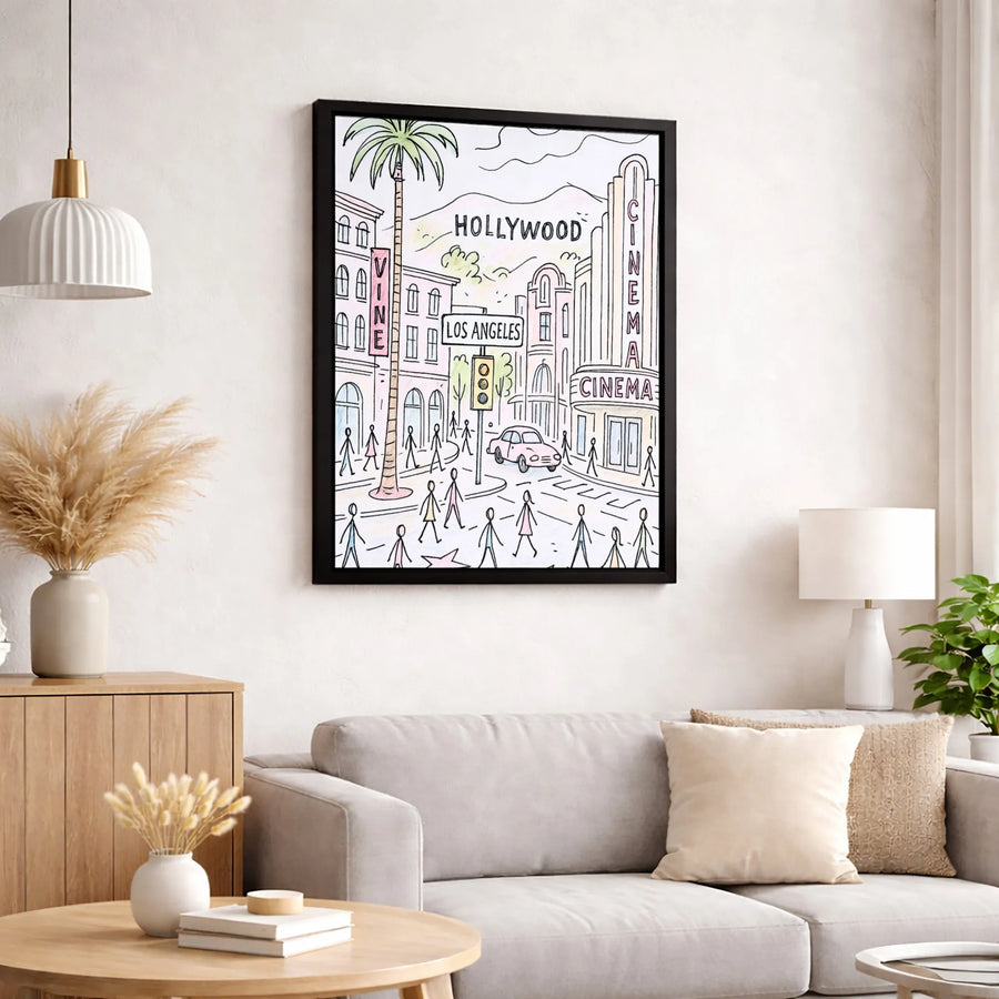 Hollywood Los Angeles Street Scene Canvas | Hand-Drawn Cityscape Wall Art | Premium Gallery-Wrapped Print | Travel Inspired Home Decor Gift