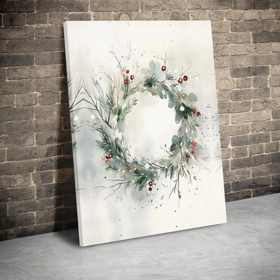Watercolor Winter Wreath Wall Art | Red Berry Holiday Botanical Decor | Premium Gallery Wrap Canvas | Festive Christmas Gift for Home