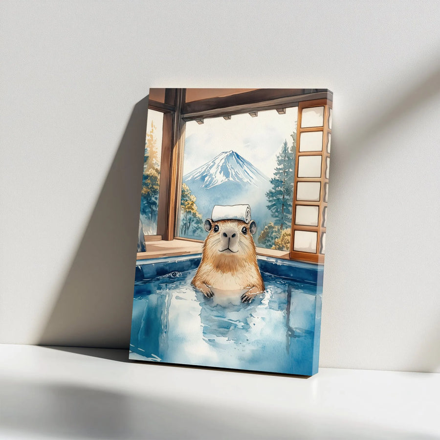 Capybara Wall Art | Watercolor Japanese Onsen With Mount Fuji | Premium Gallery Wrap Canvas | Cute Animal Home Decor Gift