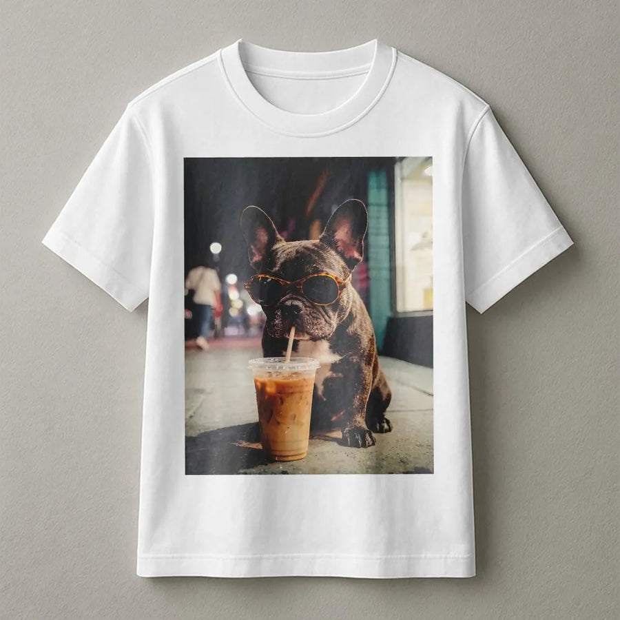 French Bulldog T-Shirt | Cool Frenchie with Sunglasses & Iced Coffee | Premium Cotton Graphic Tee | Gift for Dog Lover & Frenchie Mom