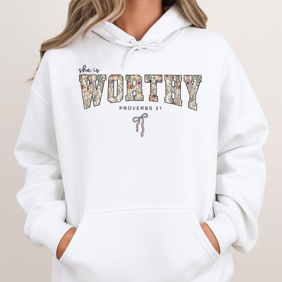 She Is Worthy Hoodie | Proverbs 31 Floral Christian Sweatshirt | Premium Cotton-Blend Religious Gift | Faith-Based Apparel for Women