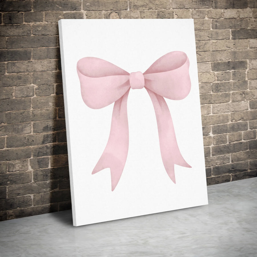 Pink Bow Wall Art | Watercolor Ribbon Aesthetic Canvas Print | Minimalist Gallery Wrap Decor | Soft Pastel Nursery & Bedroom Wall Decor