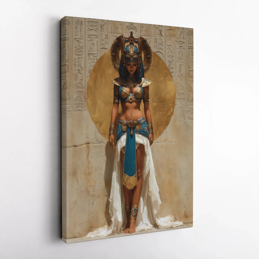 Egyptian Queen Vertical Canvas | Ancient Egypt Goddess Portrait with Hieroglyphics | Premium High-Resolution Print | Collector's Home Decor Gift