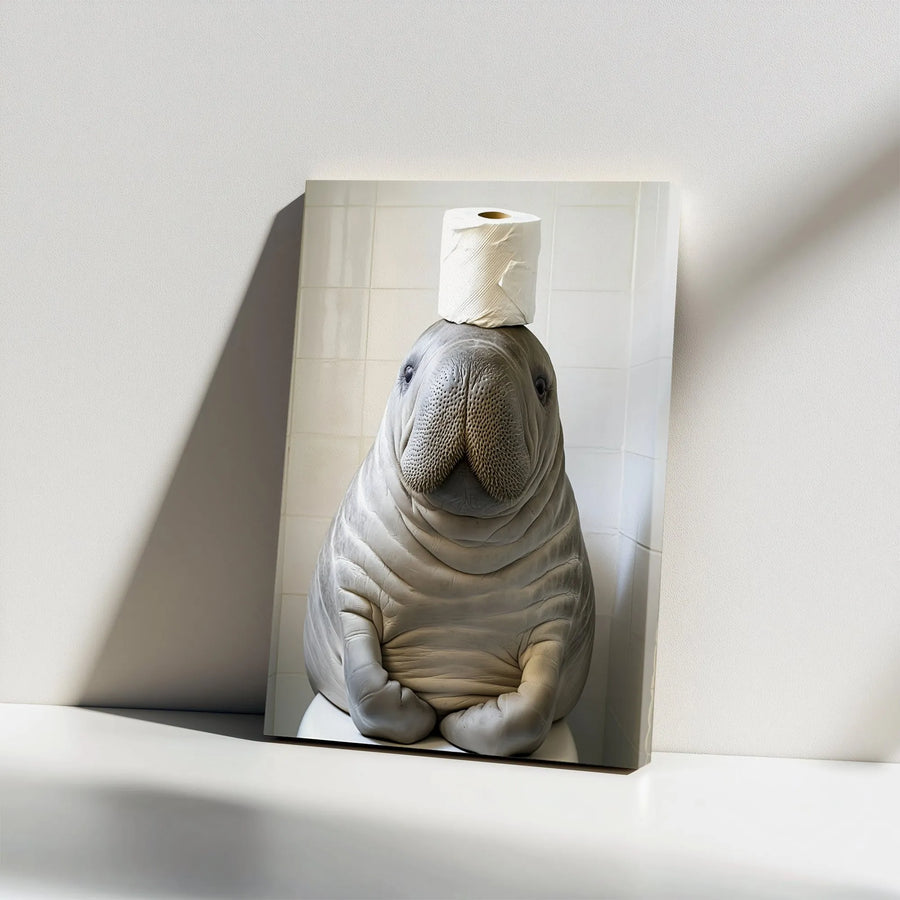 Funny Manatee Bathroom Wall Art | Quirky Seal With Toilet Paper Head | Gallery Wrap Premium Canvas | Unique Restroom Decor Gift for Him