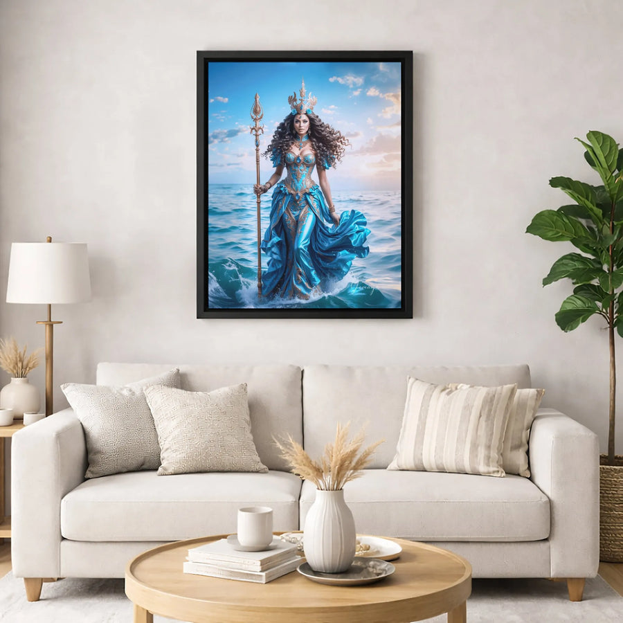 Yemaya Goddess Canvas Wall Art | Ocean Queen with Trident Fantasy Print | Premium Fade-Resistant Gallery Wrap | Spiritual Home Decor Gift