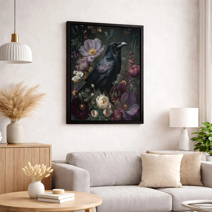 Gothic Raven Canvas Wall Art | Dark Moody Floral Botanical Print | Premium Gallery-Wrapped 1.25" Profile | Witchy Home Decor Gift