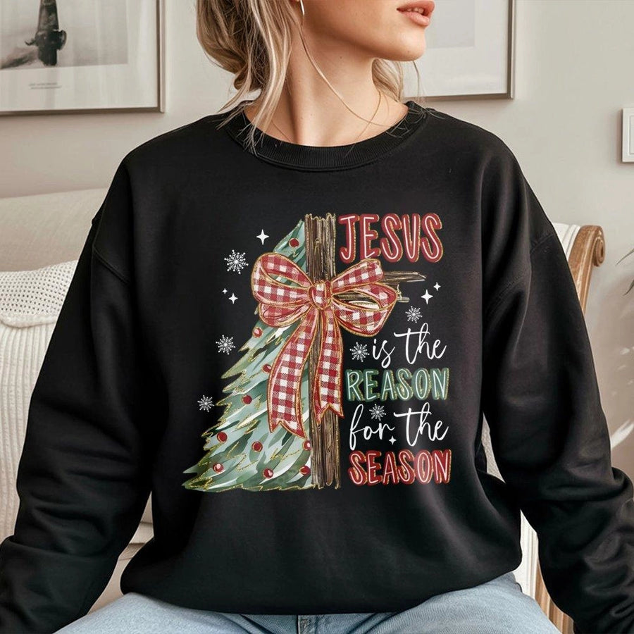 Jesus Is The Reason For The Season Sweatshirt | Retro Christmas Cross & Plaid Bow Print | Premium Cotton Blend | Christian Holiday Gift for Women