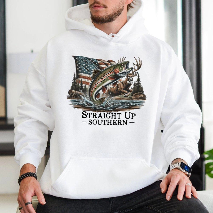 Hunting Fishing Hoodie | Patriotic USA Flag Deer Trout Graphic | Premium Cotton Blend | Unisex Country Life Gift for Outdoorsmen