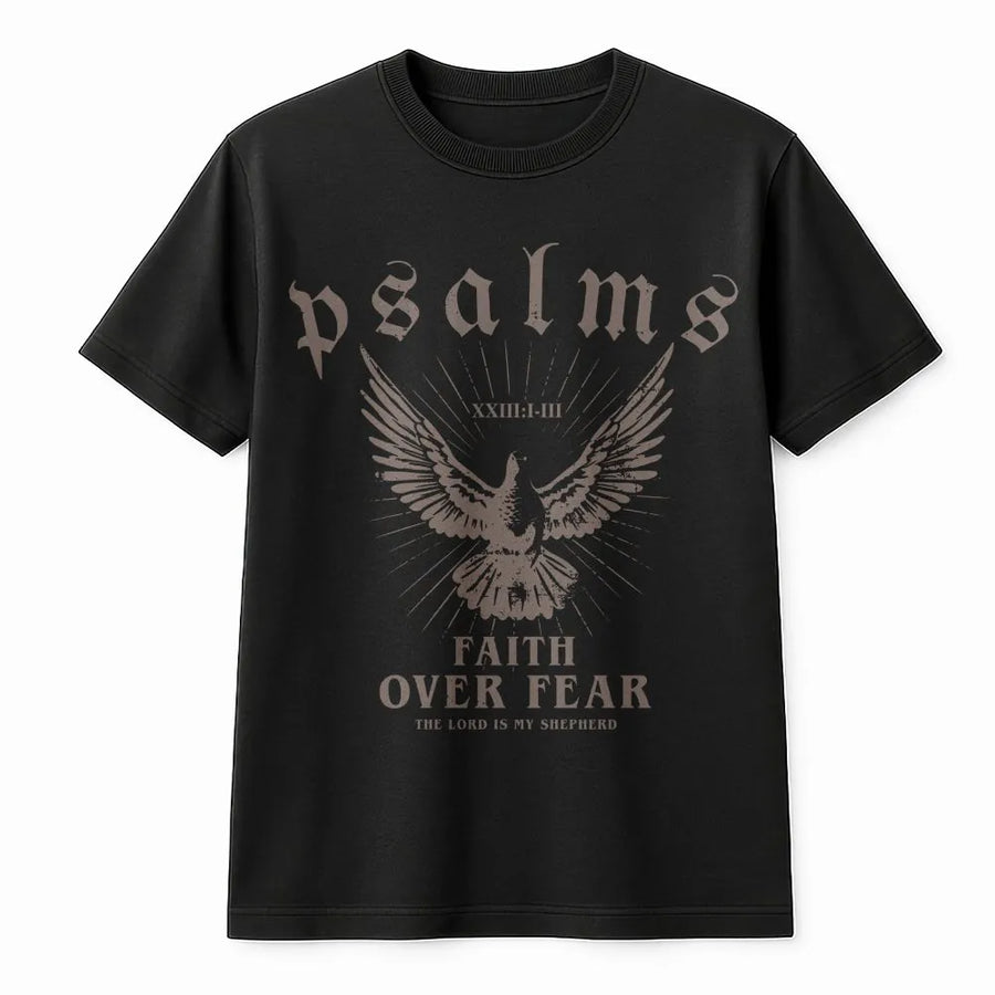 Faith Over Fear Christian T-Shirt | Psalm 23 Dove Graphic Print | Premium Soft Cotton Tee | Religious Gift for Men and Women