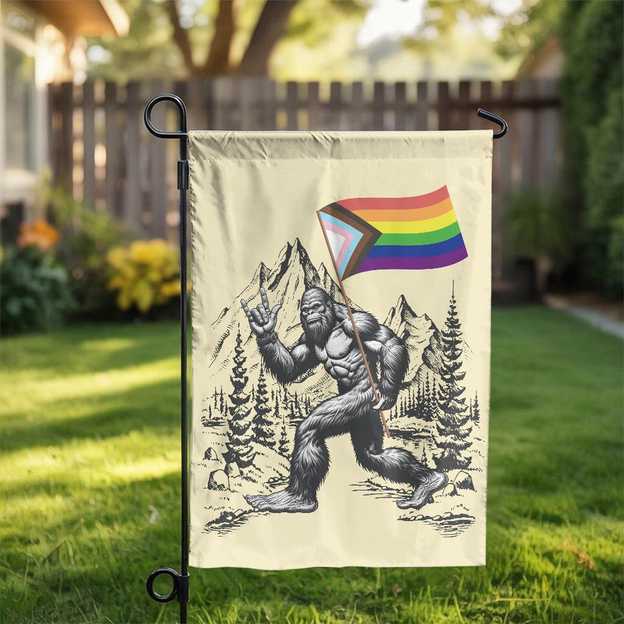 Bigfoot Pride Garden Flag | Progress Flag Sasquatch Design | Premium Polyester Fabric | LGBTQ+ Outdoor Yard Decor Gift