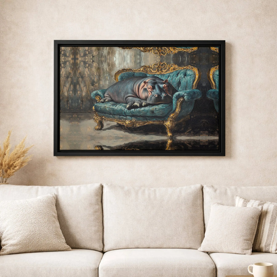 Sleeping Hippo Canvas Art | Ornate Victorian Chair Painting | Premium 1.25-Inch Gallery Wrap | Whimsical Animal Home Decor Gift