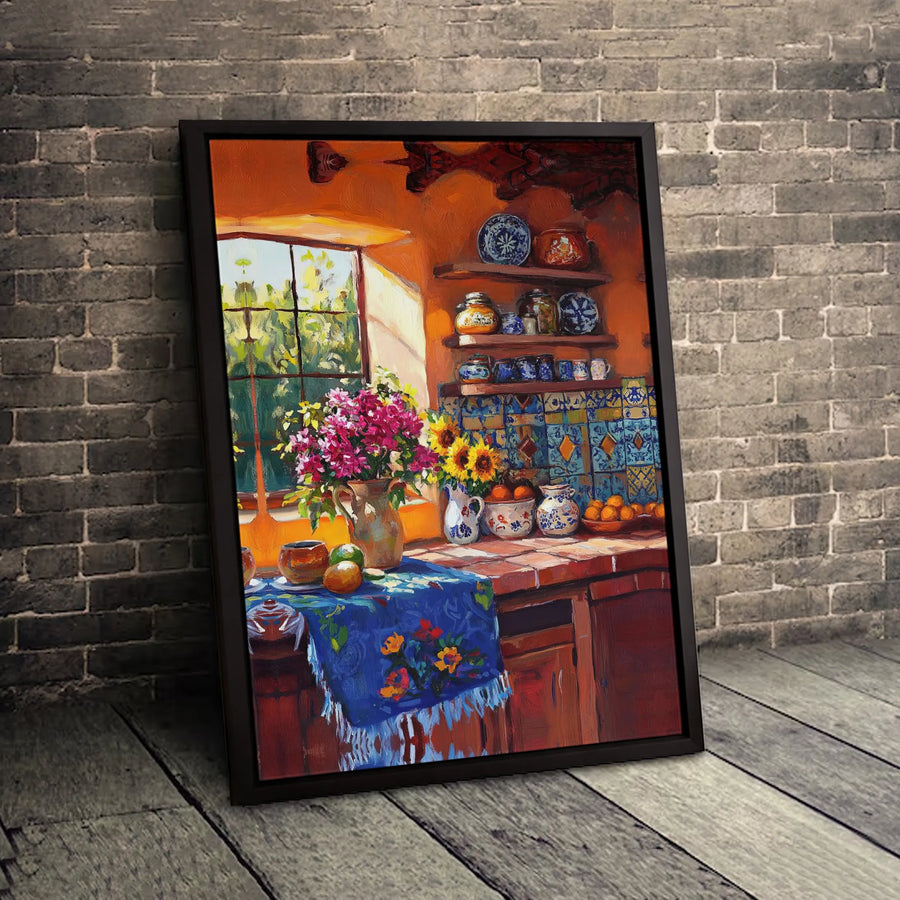 Rustic Kitchen Still Life Canvas Print | Sunlit Mediterranean Decor | 1.25-Inch Gallery Wrap | Warm Botanical Farmhouse Wall Art