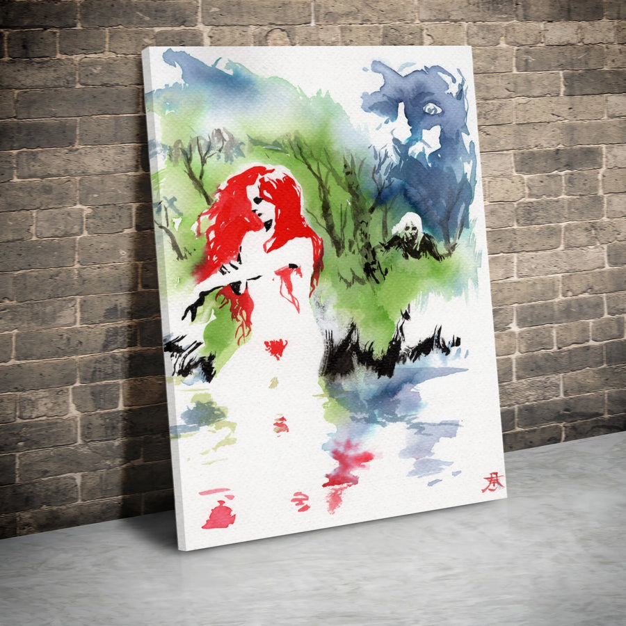 Gothic Horror Wall Art | Watercolor Red-Haired Woman & Forest Monster Print | 1.25-Inch Premium Canvas | Dark Fantasy Decor Gift