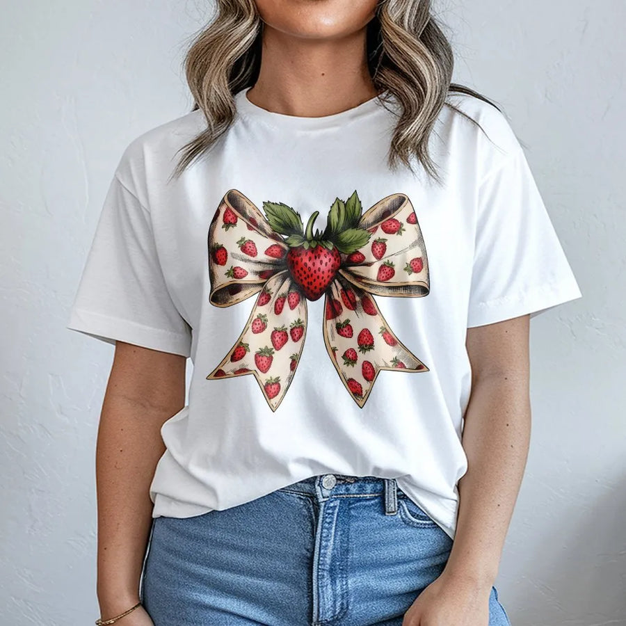 Coquette Strawberry T-Shirt | Vintage Strawberry Bow Graphic | Soft Cotton Blend Crewneck | Cute Cottagecore Gift for Her