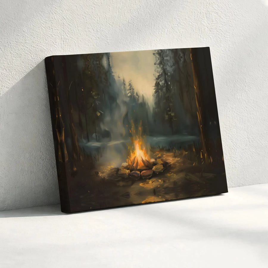 Cozy Campfire Wall Art | Misty Forest Landscape Canvas | Gallery-Wrapped Premium Print | Rustic Nature Cabin Decor for Home Office