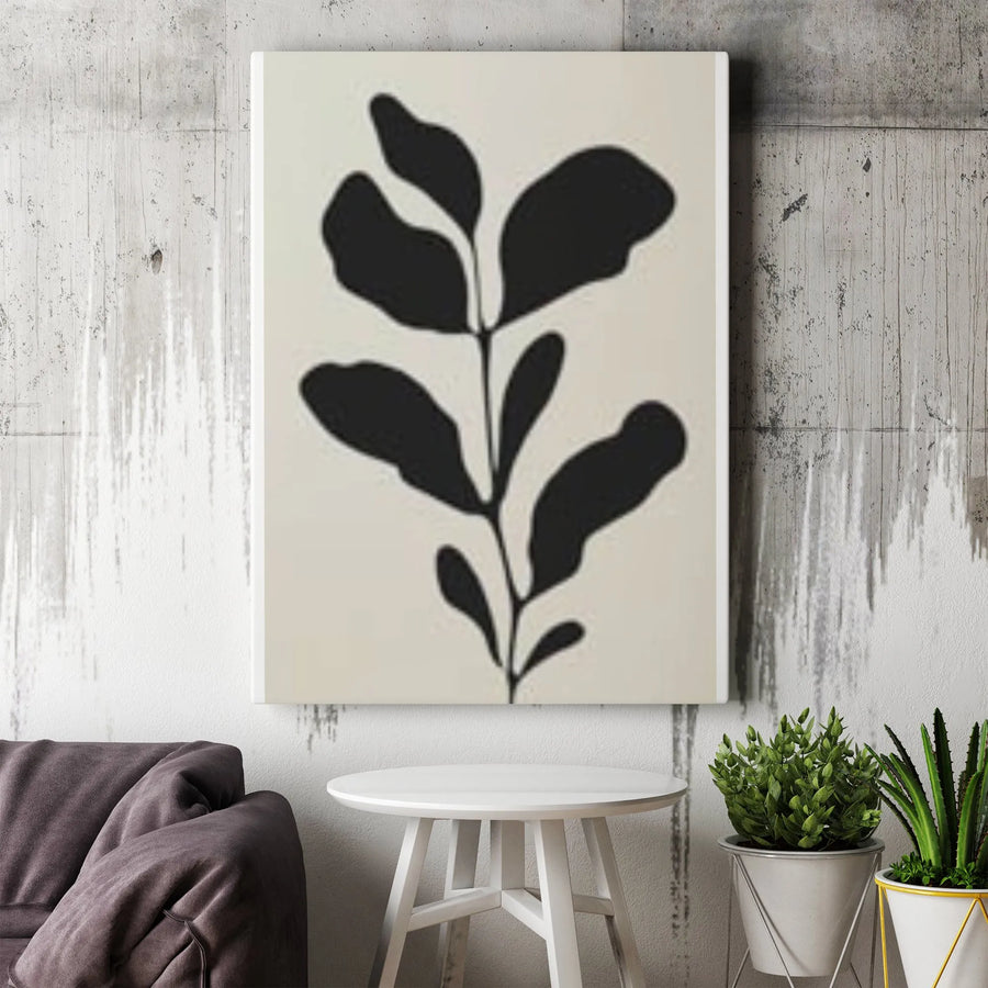 Minimalist Botanical Canvas Wall Art | Black Leaf Silhouette on Beige | Premium Gallery Wrapped Canvas | Modern Scandinavian Home Decor Gift