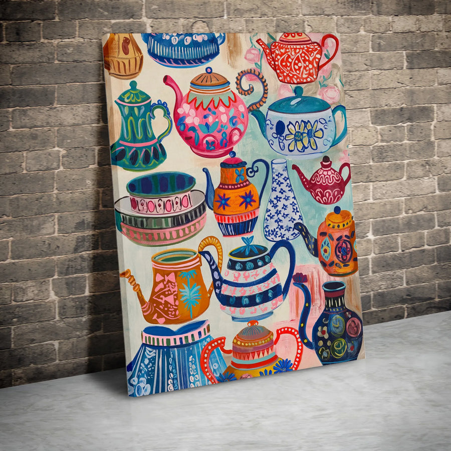 Colorful Teapot Art Canvas Print | Bohemian Folk Art Kitchen Decor | Premium 1.25-Inch Gallery Wrap | Whimsical Coffee Lover Wall Art Gift
