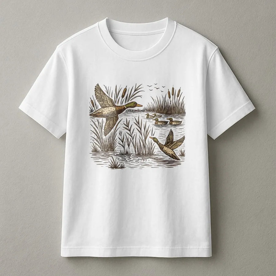 Vintage Mallard Duck T-Shirt | Retro Flying Ducks Marsh Scene | Premium Cotton-Blend Sweatshirt | Gift for Hunter and Nature Lover