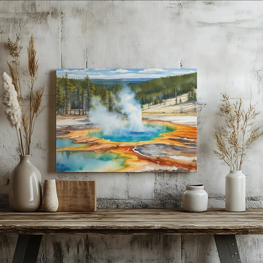 Yellowstone National Park Canvas Print | Grand Prismatic Spring Watercolor Art | 1.25" Gallery Wrap Wall Decor | Nature Lover Gift for Home Office