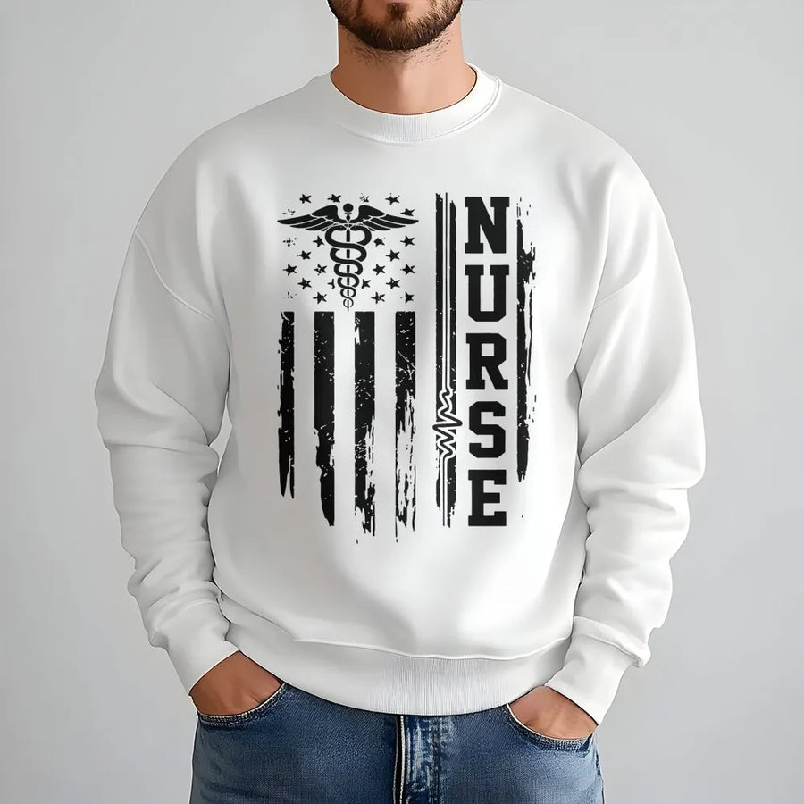 Nurse Sweatshirt | American Flag Caduceus Graphic | Cotton Blend Premium Crewneck | Gift For Nurses, Graduation, Nursing Student
