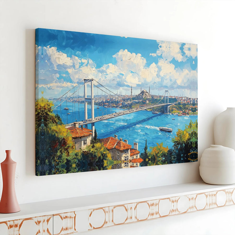 Istanbul Bosphorus Bridge Canvas Wall Art | Vibrant Impressionist Cityscape Painting | Premium Gallery Wrapped Canvas | Turkish Home Decor Gift for Traveler