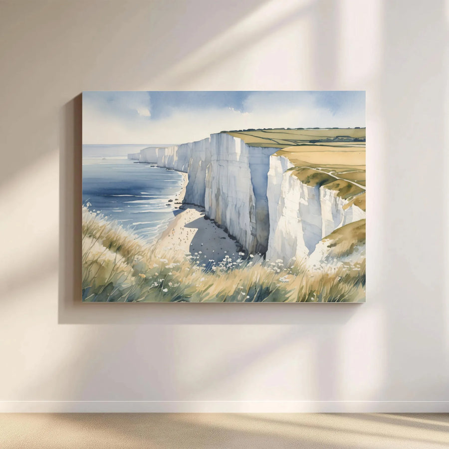 White Cliffs of Dover Canvas Print | Watercolor Seascape Painting | Premium Gallery Wrap Canvas | Coastal Living Room Decor Gift